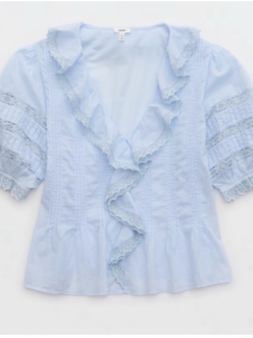 aerie Light Blue Ruffle Lace V-Neck Blouse cotton